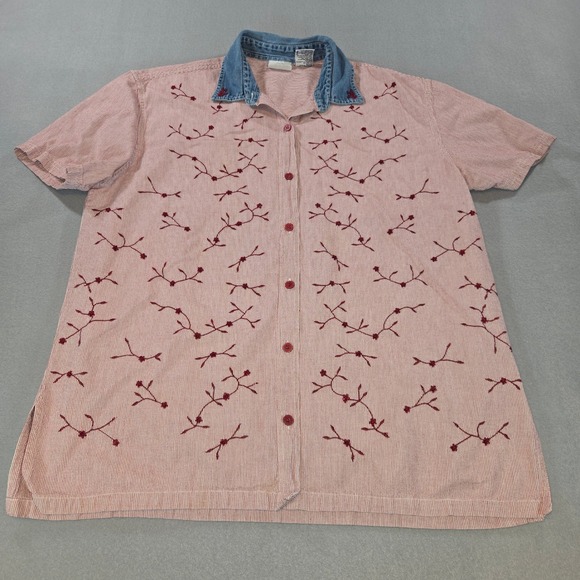 Bobbie Brooks Tops - Bobbie Brooks Button Down Women 14W 16W Red White Striped Embroidered Denim